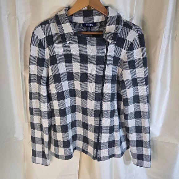 Chaps Zip Up sweater black and white checked flannel pattern women's large - Picture 1 of 9